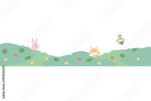 森のシンプルかわいいデザイン 幼稚園・保育園向けWebフッター素材 動物たちの装飾背景（ウサギ・キツネ・ハチ）