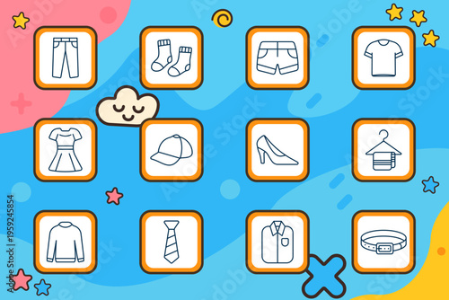 Clothing fashion set icon. Pants, socks, shorts, t shirt, dress, cap, high heel, hanger towel, sweater, tie, shirt, belt.