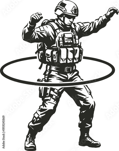 Soldier playing with a hula hoop in tactical gear illustration