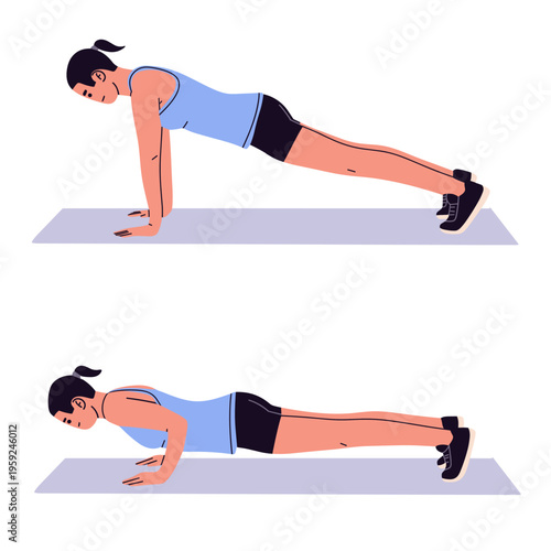 Flat vector illustration of a woman performing push-up exercise on a yoga mat. ideal for fitness guides, workout tutorials, home training, health apps, and sports content.