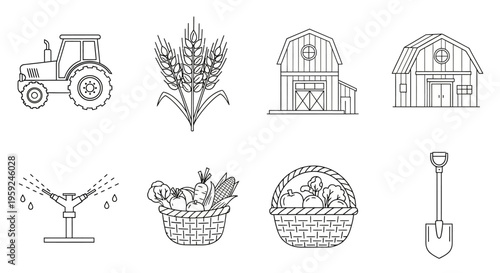Farm tools and agricultural equipment icons.