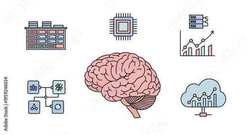 Human Brain with Technology Icons.