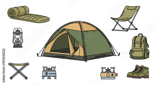 Camping gear and equipment set outdoors.