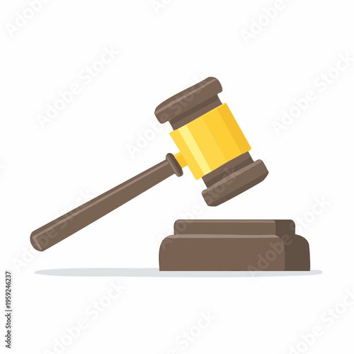 A gavel rests on a block in a courtroom setting indoors.