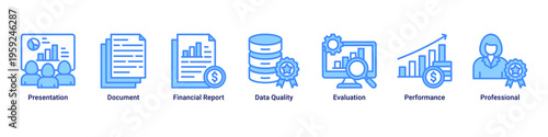 Reporting System web banner icon vector illustration featuring Presentation,Document,Financial Report,Data Quality,Evaluation,Performance,and Professional