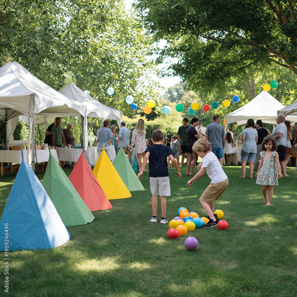 Naklejka premium Children enjoy a sunny day playing beanbag toss at a vibrant outdoor celebration in a green park Generative AI