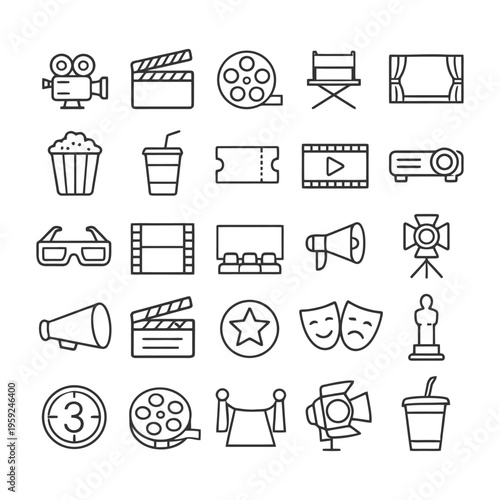 Cinema icons: camera, clapboard, popcorn, projector, film reel, 3d glasses, oscar statue.