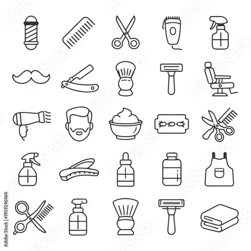 Barber shop tools: scissors, razors, clippers, brushes, combs, spray bottles.