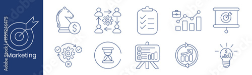 Marketing set icon. Collection with chess knight coin, workflow arrows, checklist board, analytics chart, presentation screen, process gear, hourglass cycle, growth graph, lightbulb idea.