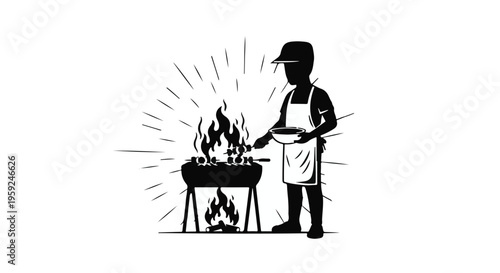 Enthusiastic person grilling food over a vibrant barbecue fire on a sunny day.