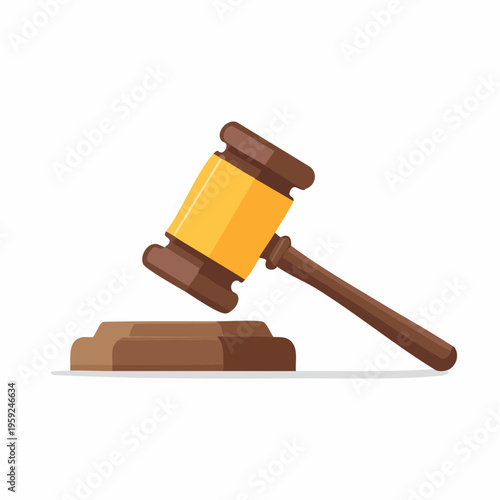 A judge bangs a gavel on a block in a courtroom setting.