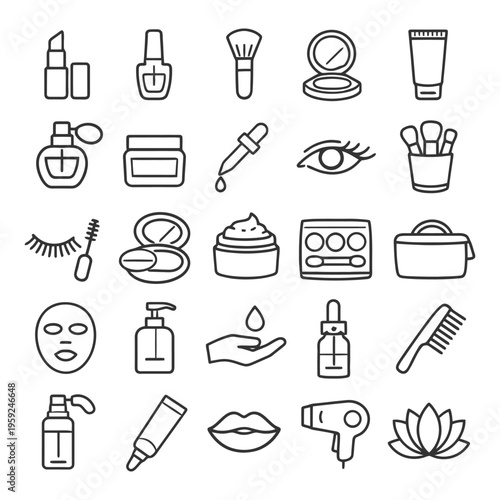 Line art cosmetic icons: makeup, skincare, beauty tools collection.
