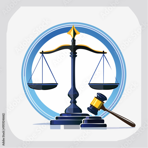 The gavel rests beside balanced scales within a circular emblem symbolizing justice.