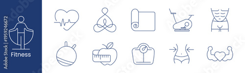 Fitness health training set icon. Heart yoga mat bicycle torso ball apple scale arms depict exercise workout lifestyle body strength wellness.