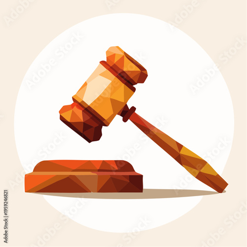 A graphic illustration of a gavel resting on a sound block in a courtroom setting with justice legal system elements.