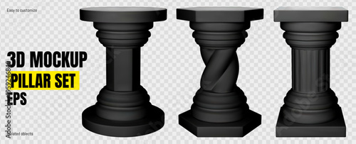 Black trophy pillar for museum. Hexagon and cylinder marble column plinth stand isolated vector. Greece cylindrical sculpture. Architecture shelf platform for business to display antique object.