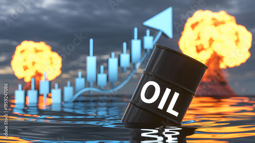 Oil barrel in water with explosions and declining stock market graph in background