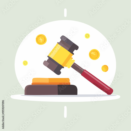 A gavel strikes a sound block with coins floating around it on a table indoors.