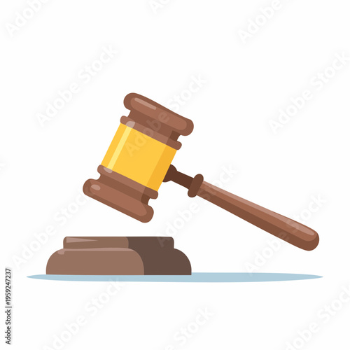 A gavel rests on a sound block in a courtroom setting with justice law order theme.