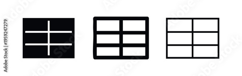 Table grid layout icon set in multiple visual styles