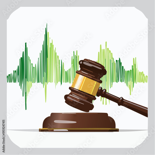 A gavel rests on a sound wave graphic in a courtroom setting.