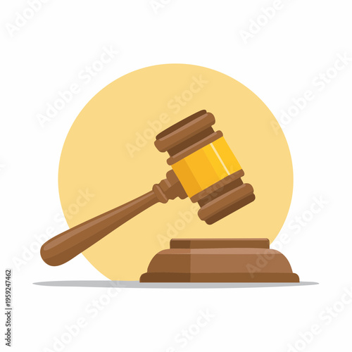 A judge bangs a gavel on a block in a courtroom setting.