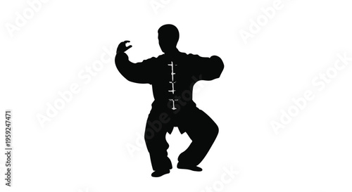 Silhouette of a person practicing martial arts in traditional clothing