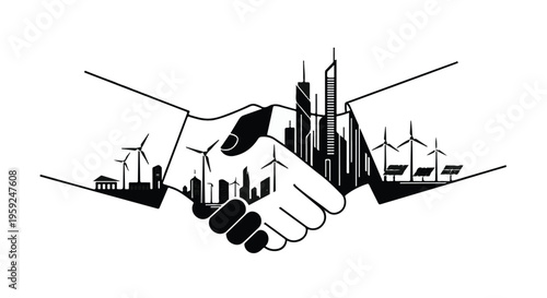 Symbolic handshake uniting sustainable city development and clean energy future