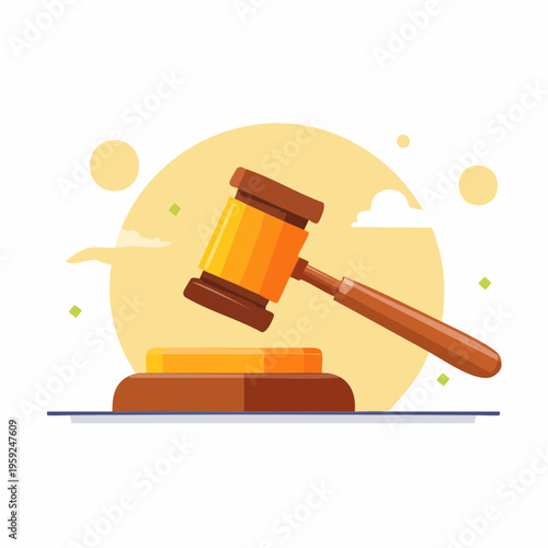 A gavel is falling on a block in front of a sunny background with clouds.