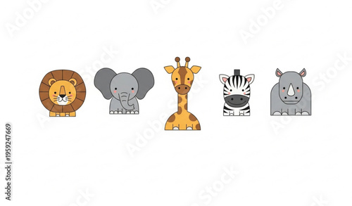 Minimal cute African animal icon set vector with lion elephant giraffe zebra and rhino for safari design