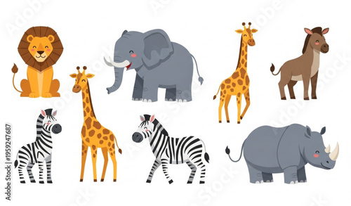 African animal cartoon characters vector set with lion elephant giraffe zebra rhino in flat cute style