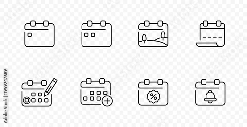 Calendar schedule set icon. Monthly page, checklist, landscape date, agenda list, edit pencil, add event, discount percent, reminder bell, planning, organizer, productivity, time
