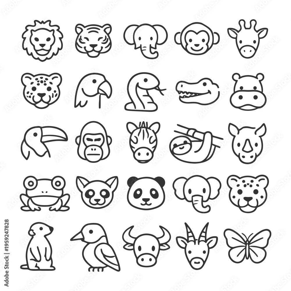 Obraz premium Collection of simple animal line icons featuring various wildlife creatures.