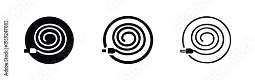 Coiled Hose and Cable Icons Set. Garden Hose or Electrical Wire Symbols. Spiral Shape for Connection and Utility.