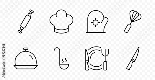 Cooking kitchen set icon. Rolling pin, chef hat, oven mitt, whisk, cloche, ladle, table setting, knife, food preparation, restaurant service, culinary process