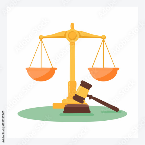 A gavel lies next to balanced scales on a table indoors.
