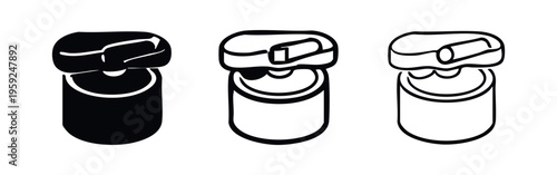 Top-down view of a thermos or insulated mug icon set. Portable drink container symbol in solid, bold outline, and thin outline styles.