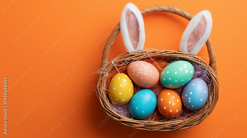 Fototapeta premium Colorful Easter basket filled with vibrant eggs and cheerful bunny ears for festive celebrations Generative AI