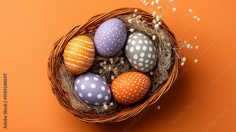 Naklejka premium Colorful Easter egg gift basket on a vibrant orange background brings joy and celebration to spring festivities Generative AI