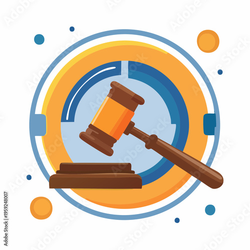 A gavel rests on a block in front of a circular graph with blue and orange sections.