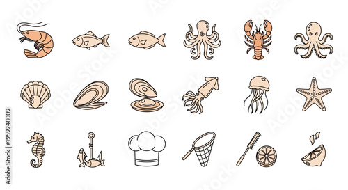 Marine Life Illustration Featuring Various Sea Creatures and Ocean Elements