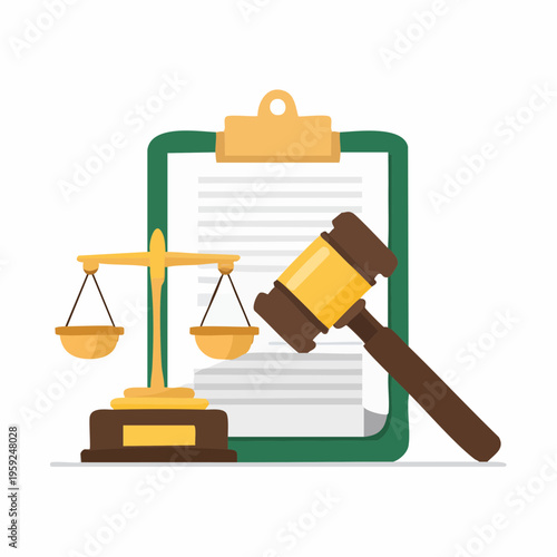 A gavel rests on a clipboard with a document and balance scales nearby.