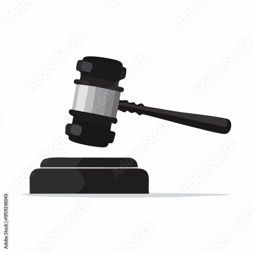 A judge bangs a gavel on a block in a courtroom setting.