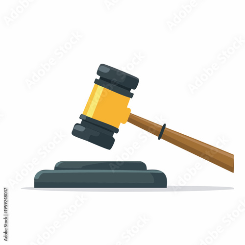 A judge bangs a gavel on a block in a courtroom setting.