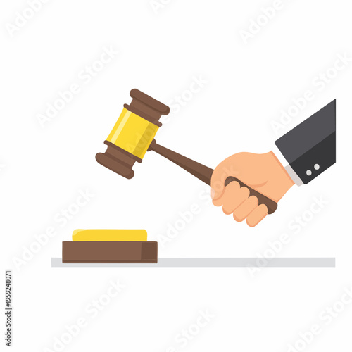 A hand holding a gavel hitting a block in a courtroom setting.