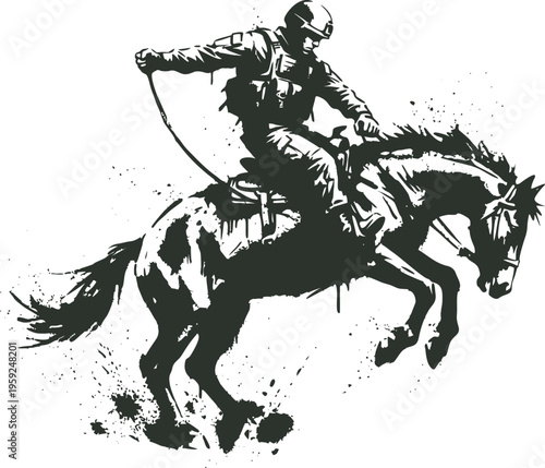 Tactical soldier riding a bucking horse in gritty stencil art style