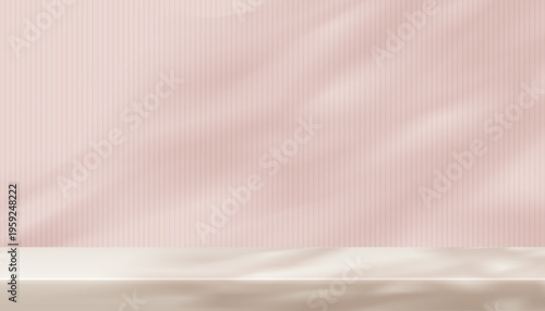 Spring,Summer blurred light pink background and shadow of tree leaves,sunlight pink wall,cream floor.3d vector abstract Spring Summer scene for product display