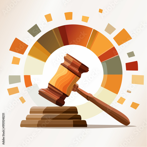 A judge's gavel rests on books beside a colorful circular diagram.