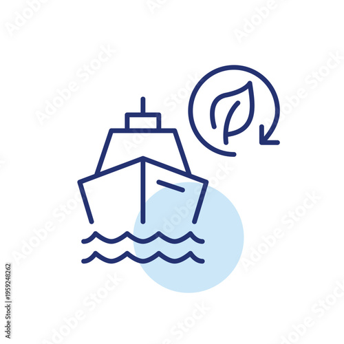 Cruise ship, leaf and renew arrow. Sustainable holiday, vacation and travel. Pixel perfect, editable stroke vector icon