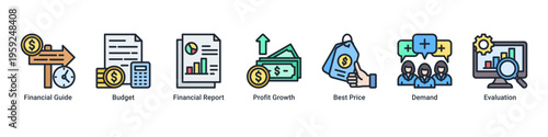 Financial Insight web banner icon vector illustration featuring Financial Guide,Budget,Financial Report,Profit Growth,Best Price,Demand,and Evaluation